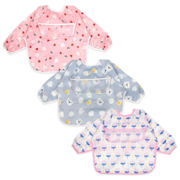 Stain and Odor Resistance Play Smock Apron Baby Waterproof Bibs with Pocket Bundle 3 Pcs Long Sleeved Bib Set Pack of 3 Toddler Bib with Sleeves and Crumb Catcher 6-24 Months 